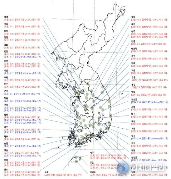 2025년 우리나라 이상기후 발생 분포도(월 극값 기준)