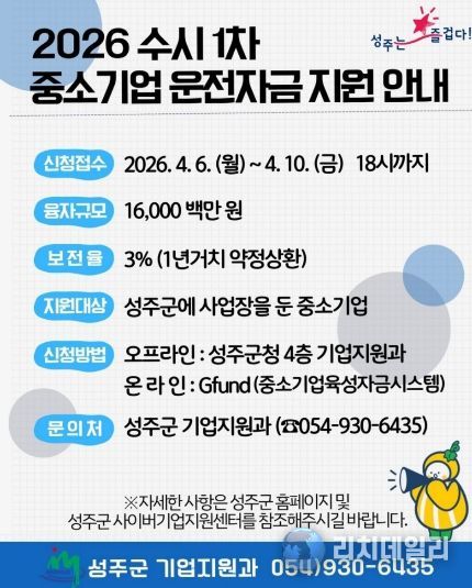 성주군, 중소기업 운전자금 수시분 160억원 규모지원